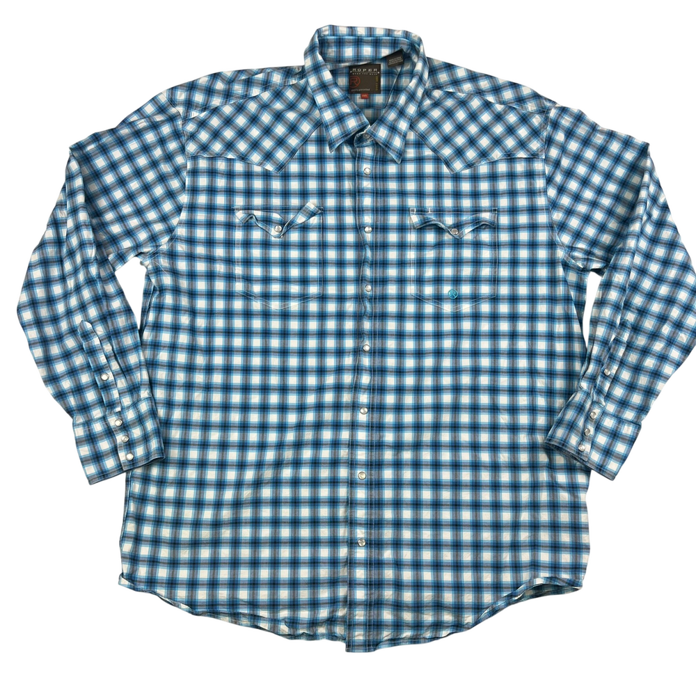 Roper Western Shirt Mens 2XL Blue Plaid Pearl Snap Wear The West Yoke Cowboy